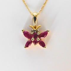 Vintage Ruby and Diamond 10k Gold Butterfly Necklace, July Birthday, Petite, 90s