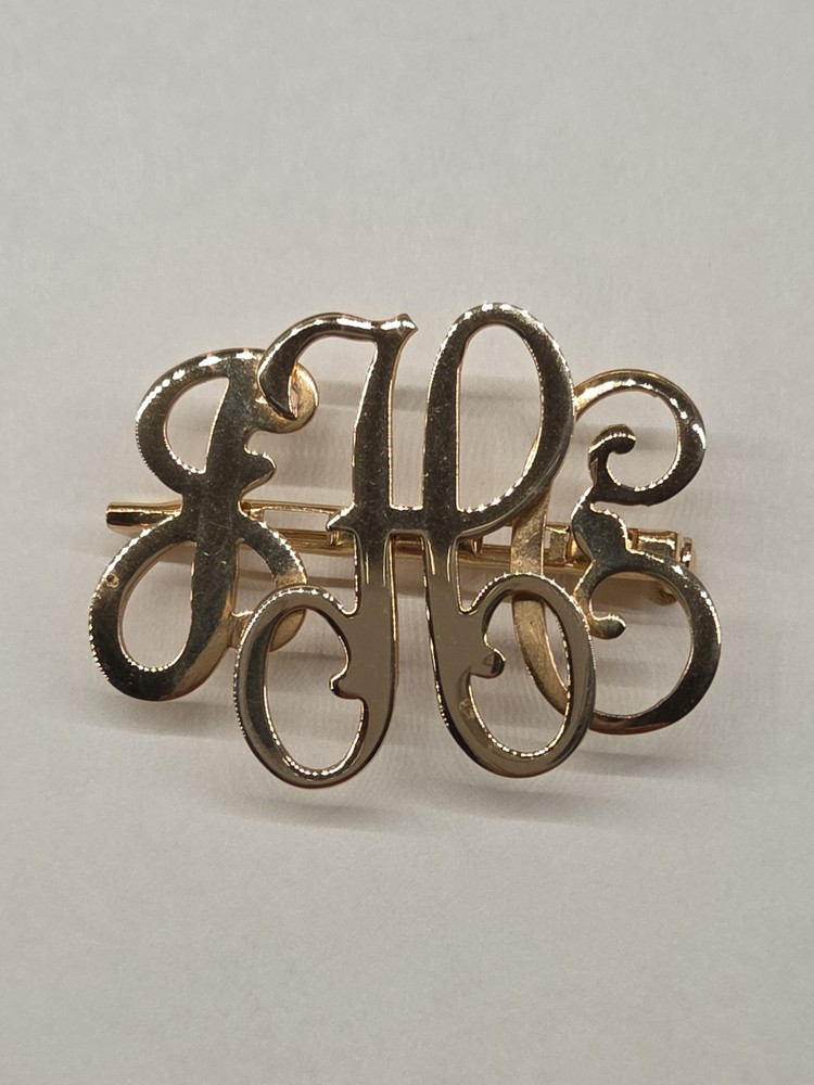 Vintage Gold Tone Interlocking Script Monogram Brooch Pin 2″ x 1.5″