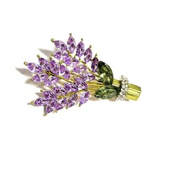 Lavender Rhinestone Brooch Pin Purple Lilac Flowers Floral Bouquet Gold Tone