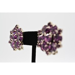 Vintage Purple Crystal Clip On Earrings Round Prong Silver Chunky 1960s BinAG