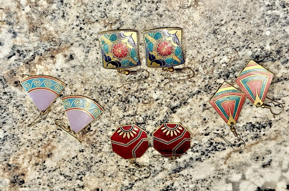 4 prs Vntg Cloisonné Gold tone Dangle Pierced Earrings Retro Art Deco