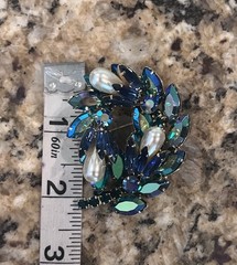 Vintage Blue Green Gold Tone Leaf Crystal Spray Navette Pearl Peacock AB Brooch
