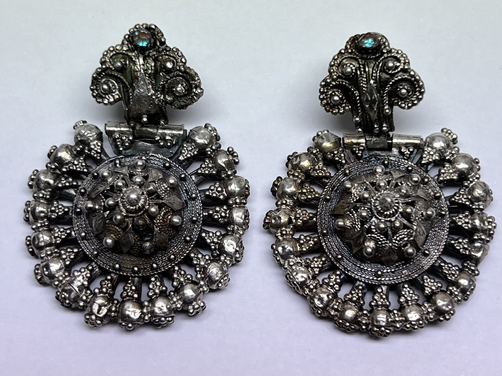 ANTIQUE ARMENIAN BYZANTINE REVIVAL OTTOMAN SAPHIRET COIN SILVER JEWELED EARRINGS