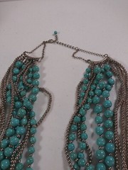 Beaded Layered Statement Necklace 16″ Blue Gray Beads Silver Tone Chain Jewelry