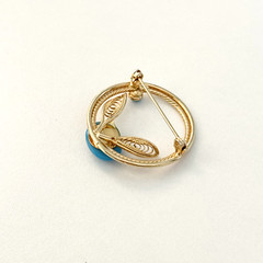 Vintage Gold Tone Blue Sleeping Beauty Glass Cabochon Filigree Round Brooch Pin