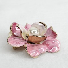 Vintage Francois Brooch Enamel Flower Pink Gold Tone 2.25″
