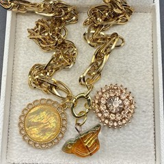 Vintage Charm Trio, Vtg Gold Plated Chain Necklace, Flash Opal, Peach Rhinestone