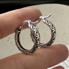 Vintage Sterling Silver Hoop Earrings Geometric Retro Pattern Statement Jewelry.