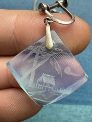 Vintage JAPAN Opal glass Intaglio Sterling Silver Necklace & Earrings Set