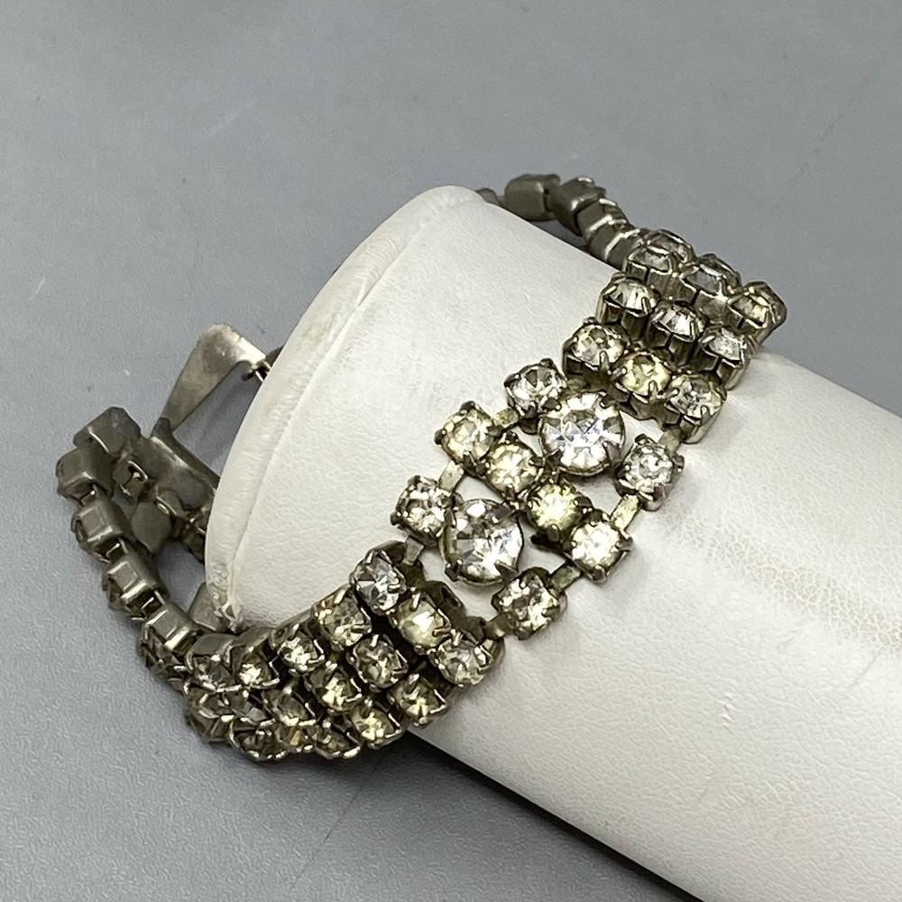 VTG Clear Rhinestone Bracelet Silver Tone Three Rows Fold Over Clasp WEAR 7″