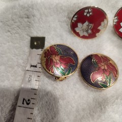 Vintage Cloisonne Enamel Floral clip Earrings Lot Red Purple Gold Tone Flower