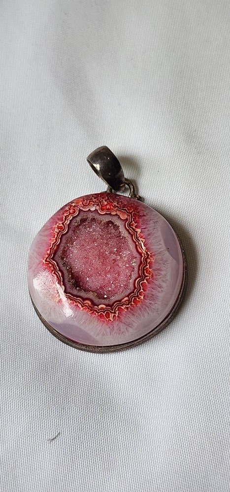 vtg Pink Druzy set in Sterling Silver Pendant 1.25″ round