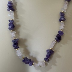 Vintage Hobe Rose Quartz Amethyst Nugget Necklace 28 Inch Gold Tone Bead Spacers