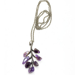 Natural Amethyst Stone Necklace Silver Tone Leaf Branch Pendant 26 In