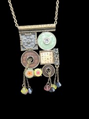 Vtg Unica Mixed Media Hippie Style Necklace 17″ Enamel Boho Dangling Crystals