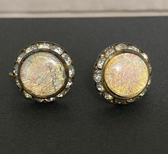 Vintage Rhinestone & Faux Cabochon Fire Opal Gold Tone 3/4″ Screw Back Earrings
