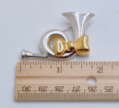 Vintage French Horn Bugle Brooch Instrument Music Silver Tone Gold Tone Bow
