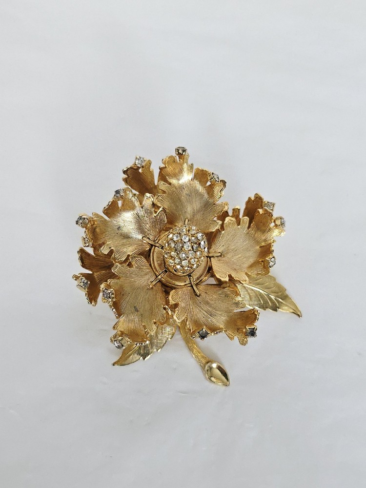 Vintage Warner NY Day / Night Mechanical Rhinestone Flower Brooch Pin Signed