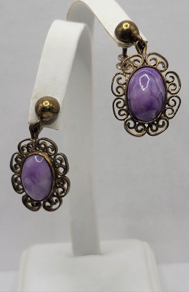 Vintage Purple Charoite Cabochans Screw-back Earrings Alpaca Mexico Ornate Brass