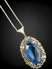 Vintage Antique Art Deco Blue Glass Pendant Necklace Filigree Silver Tone Czech