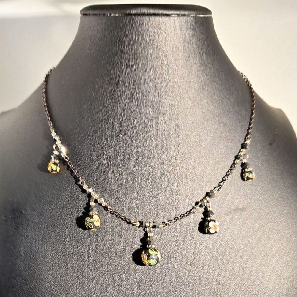 Art Beaded Charm Necklace Delicate Black Chain Fairycore Whimsical Cloisonne’