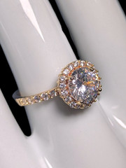 Vintage Inspired Round Cut Simulated Diamond Solitaire with Simulated Diamond Ha