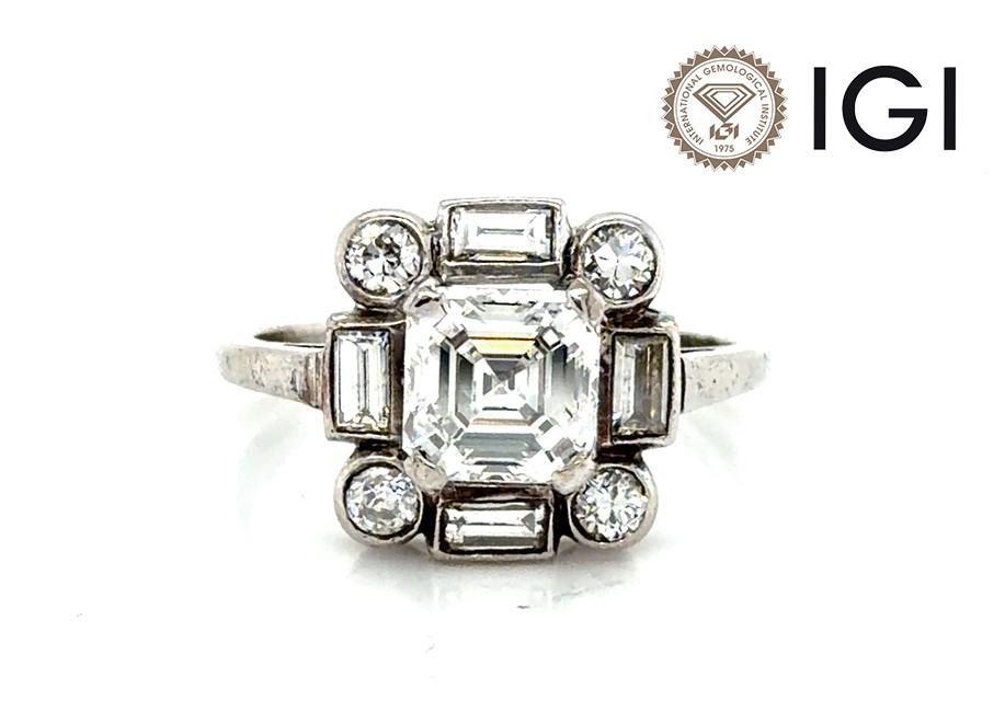 Art Deco Diamond Engagement Ring Asscher 2.05ct IGI 1920’s 18K White Gold