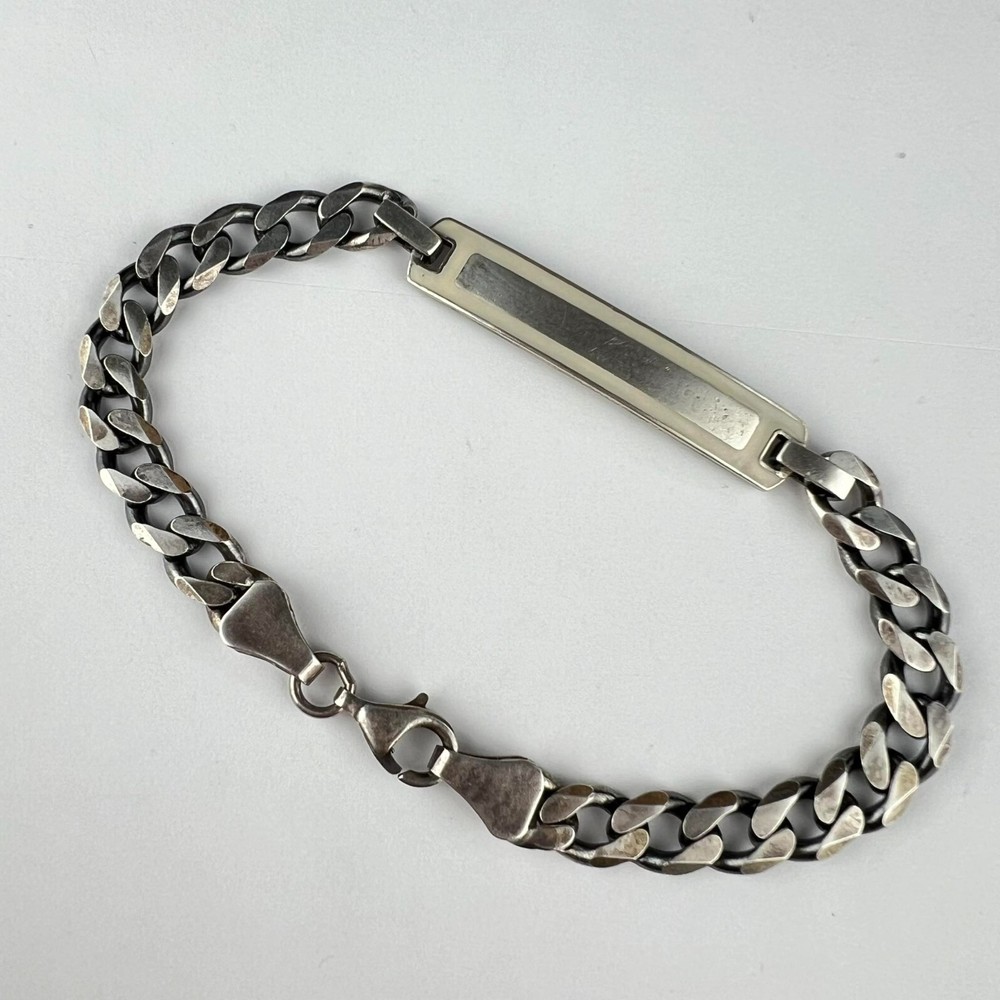 Vintage 925 Sterling Silver ID Curb Chain Bracelet Enamel 22cm 19g Unisex