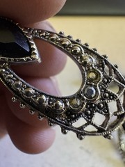 Vintage Filigree Brooch Earring Set Black Stone Bow Look Silver Tone