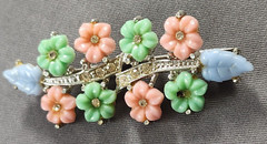 1940’s Brooch Pin Floral Pastel Pink Green Rhinestone Plastic Enamel Vintage