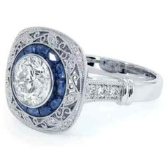 Art Deco Style Lab-Created Diamond Sapphire Engraving Ring 14k White Gold Finish