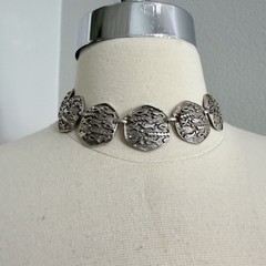 Judy Lee collar necklace vintage silver tone necklace wide panels fish design