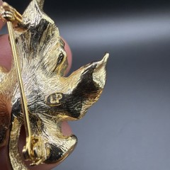 Vintage Gold Tone Maple Leaf Brooch Pin with Faux Black Pearl Center, 1960s