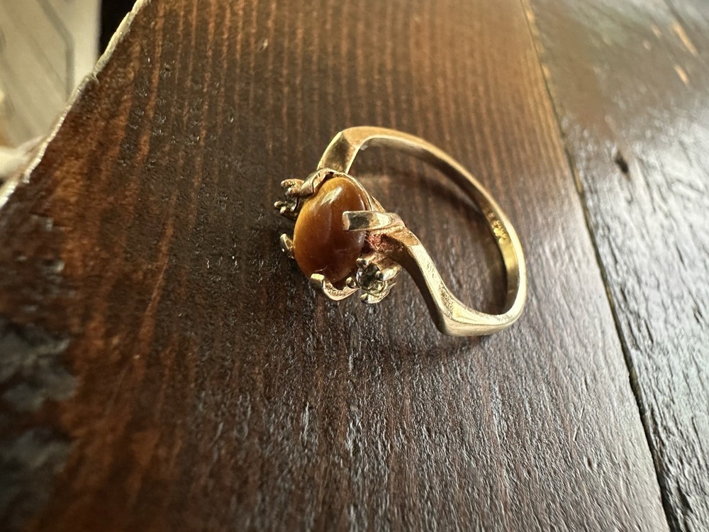 Vintage Joseph Esposito Tiger Eye Ring Size 5 Gold Tone Signed Statement Ring