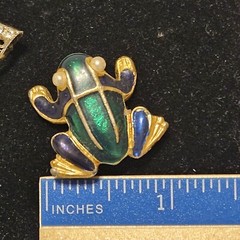 2 Vtge Pins Brooch Cat Eye Glasses Clear Rhinestone & Enamel Frog Green/ Blue