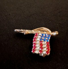 Vintage Red-White-Blue Rhinestone American Flag Pin w/Gold Tassel
