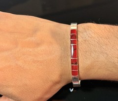 Vtg Red Jasper Inlay Sterling Silver Modernist BOHO Chic Hinged Bangle Bracelet