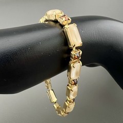 Vintage La Rel Bracelet Glass Rectangle Cabochon Rhinestone Gold Tone Signed 7”