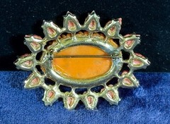 Vintage Pink Orange Carved Thermoset Brooch Gold Tone Back Faux Pearls