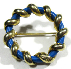 VTG 1.25″ Open Work Geometric Circle Wreath Brooch Pin blue Gold tone metal