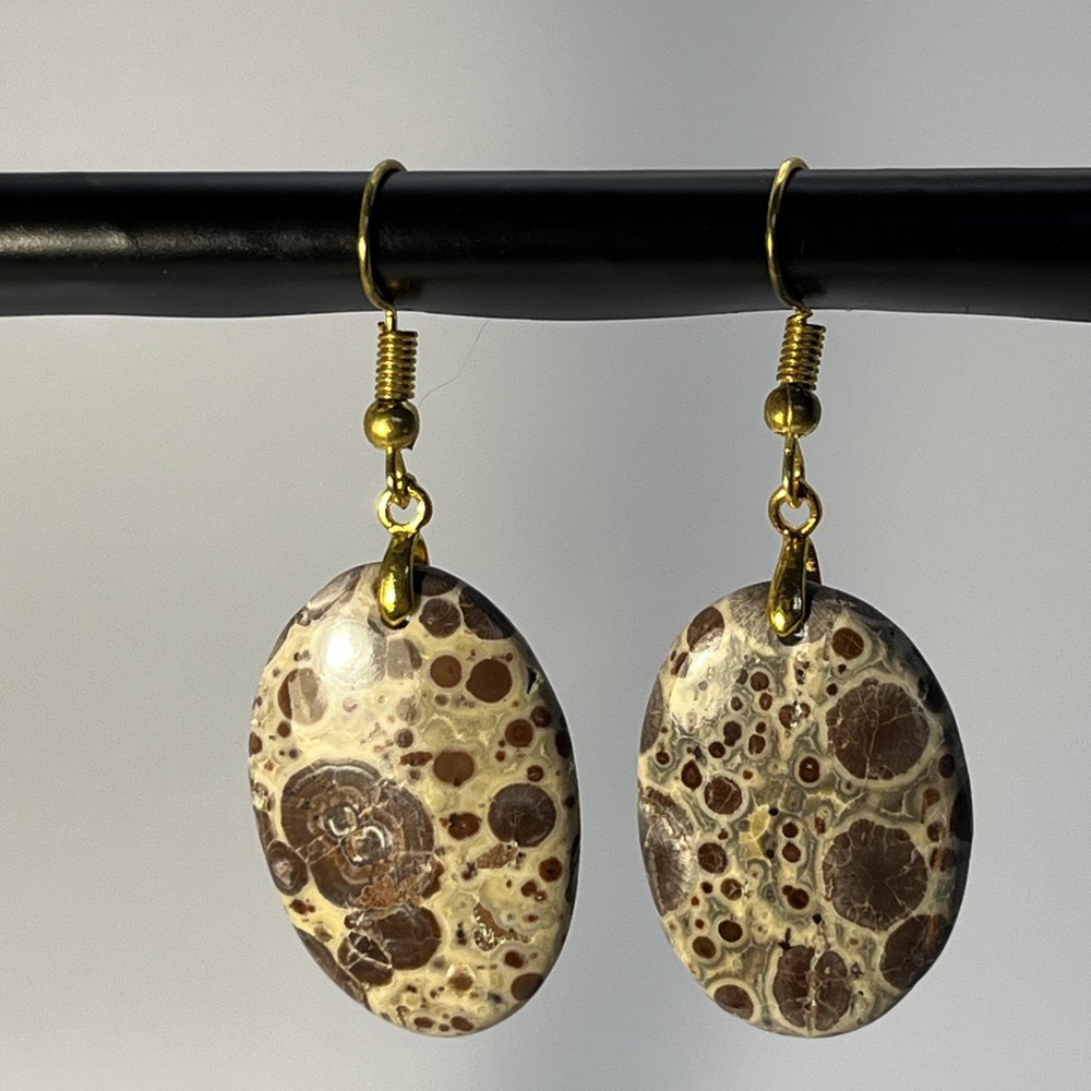 Lg Oval Asteroid Jasper Gold French Wire Earrings Natural Gemstone Earthy Casual