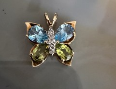 10k Gold Blue Topaz, Peridot & Diamond Accent Butterfly Pendant
