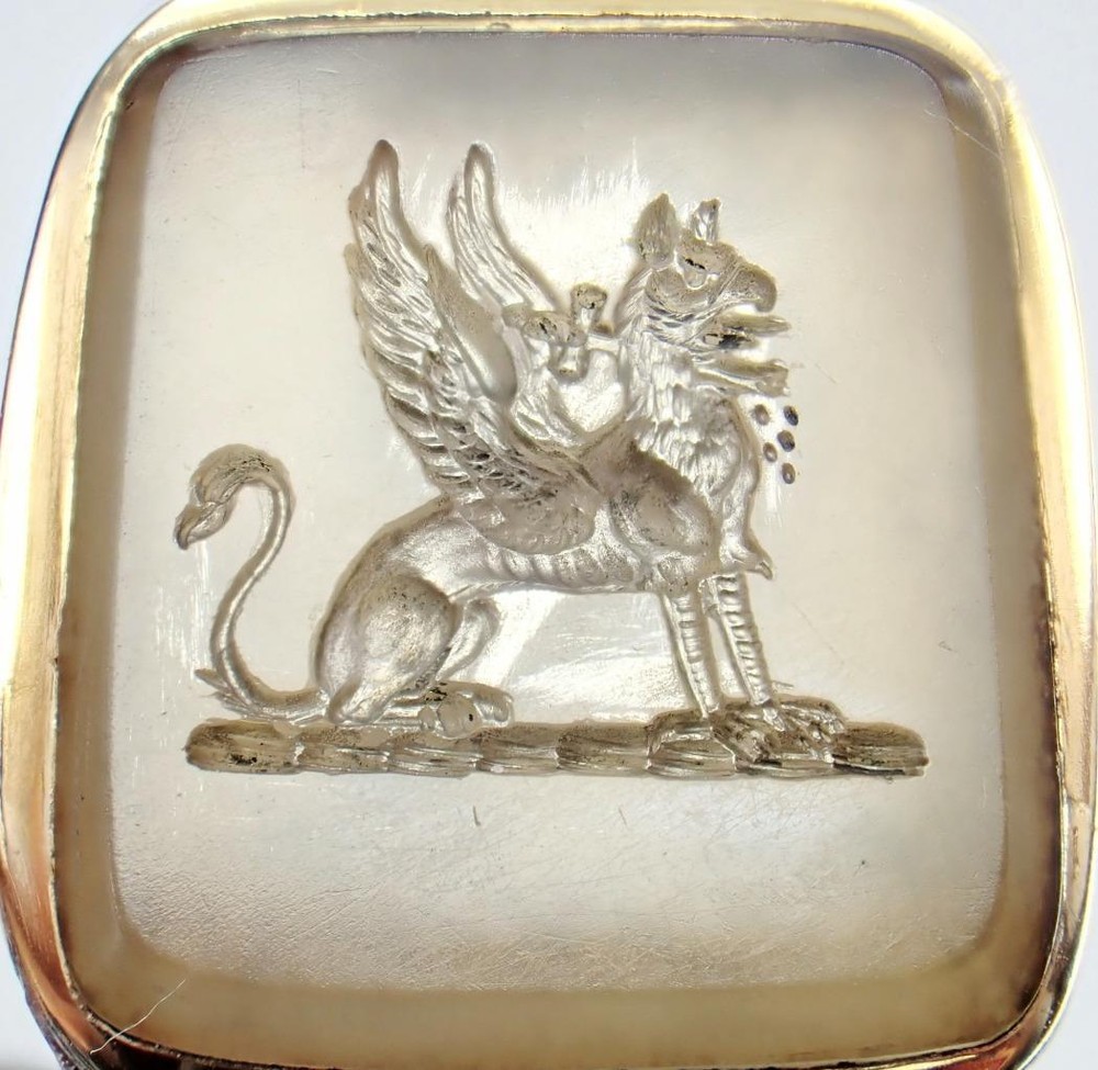 Superb Antique Georgian Gold Fill Chalcedony Griffin Sword Intaglio Seal Pendant
