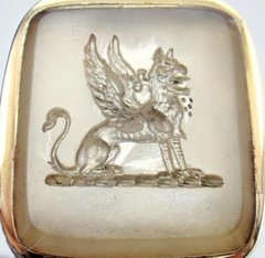 Superb Antique Georgian Gold Fill Chalcedony Griffin Sword Intaglio Seal Pendant