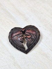 Vtg Hokkaido Wood Carved Heart brooch Artist signed Rare Jewelry dated 1965