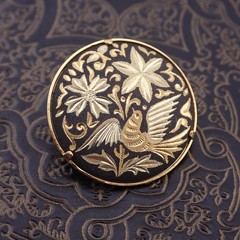 Vintage Damascene Miniature Round Bird Flower Trombone Clasp Pin Brooch