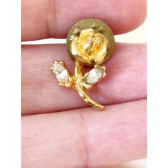 Vintage Lapel Pin Gold Tone Rose Rhinestone Leaves Garden Party Botanical