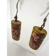 Vintage Cloisonne Style Floral Barrel Dangle Earrings Gold Tone Boho Chic