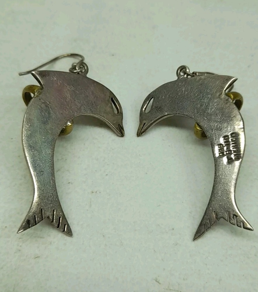 Vintage Taxco Sterling Silver 925 TB-110 Mexico Dolphin Drop Earrings