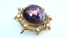🌟Large Antique 8K Gold Amethyst w Pearls Pin & Faceted Dome-Shaped Stone